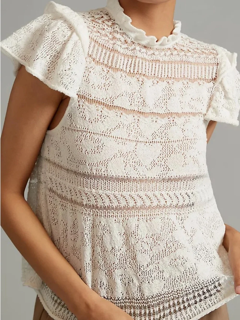 Anthropologie Lace Sweater Tee with Ruffle Sleeves Sz Small Petite - Picture 2 of 13